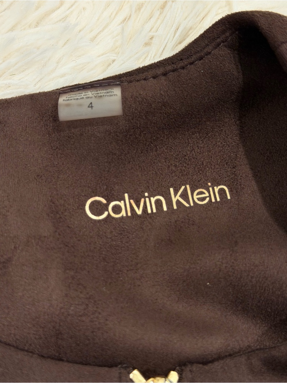Calvin Klein Brown Faux Suede Shift Dress Size 4 Gold Zip Ring Pull Short Sleeve - Picture 8 of 10